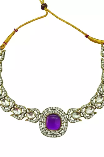 Gold plated traditional kundan-style necklace set with earrings & maangtikka
