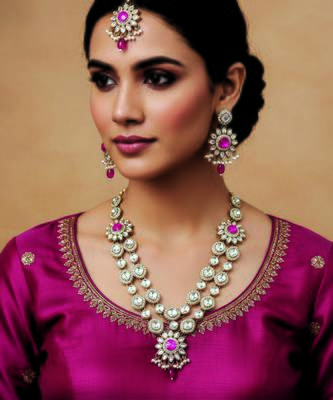Gold plated traditional bridal kundan-style necklace set with earrings & maangtikka 1