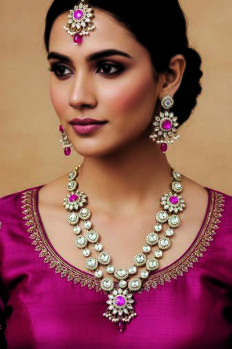 Gold plated traditional bridal kundan-style necklace set with earrings & maangtikka