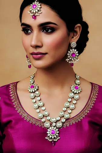Gold plated traditional bridal kundan-style necklace set with earrings & maangtikka