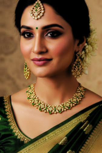 Gold plated traditional bridal kundan-style necklace set with earrings & maangtikka