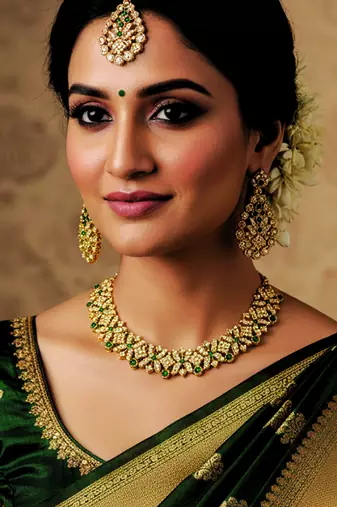 Gold plated traditional bridal kundan-style necklace set with earrings & maangtikka