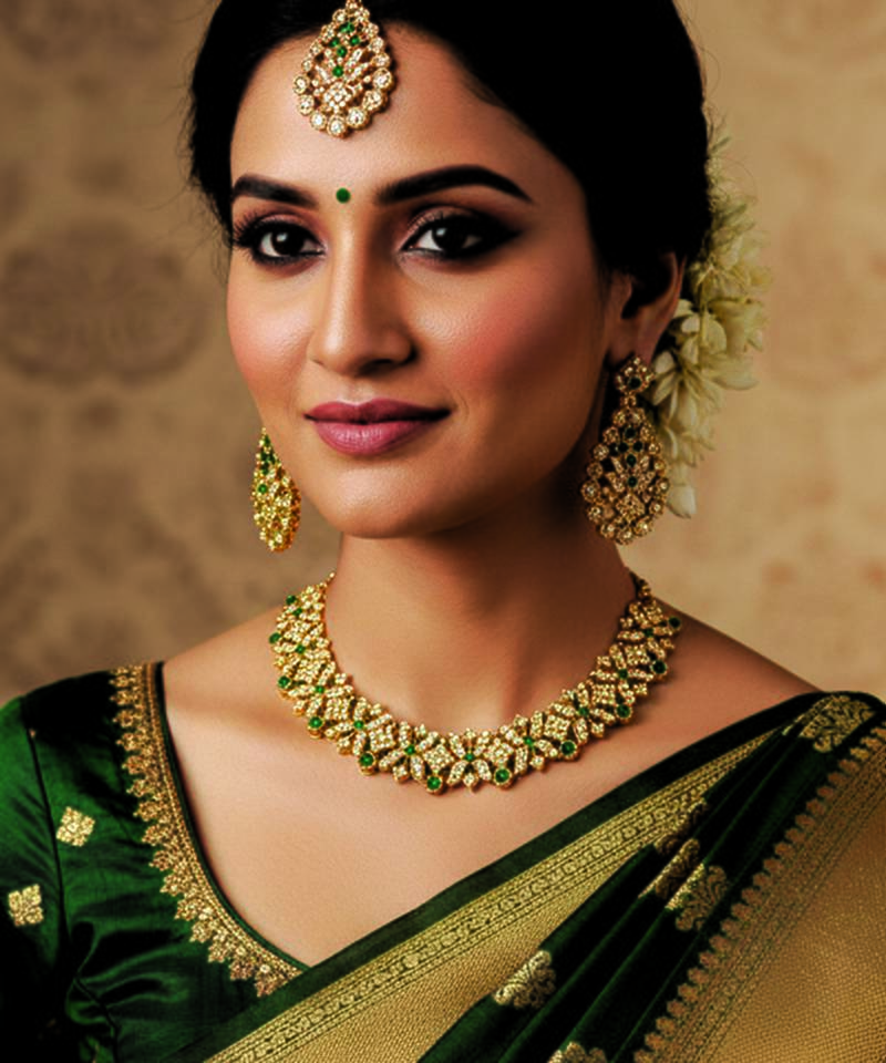 Gold plated traditional bridal kundan-style necklace set with earrings & maangtikka