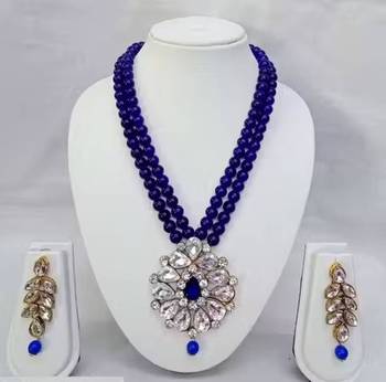 Traditional handcrafted ethnic blue beaded necklace set with gold plated finish & studded stones 1