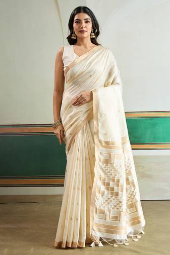white silk blend weaving handloom festival wear saree
