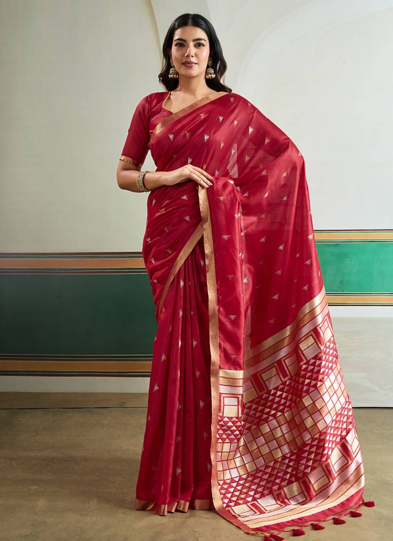 red silk blend weaving handloom festival wear saree