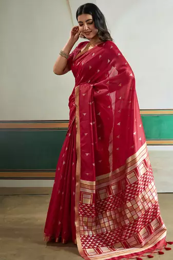 red silk blend weaving handloom festival wear saree