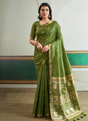 olive silk blend weaving handloom festival wear saree 1