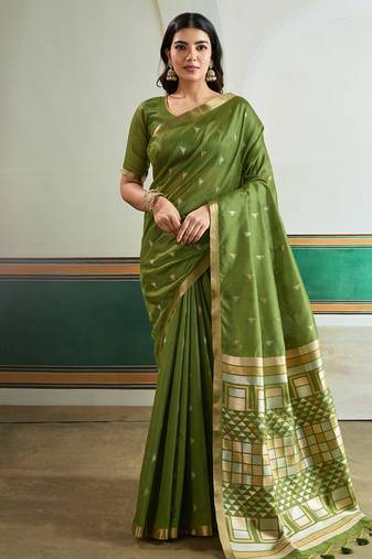 olive silk blend weaving handloom festival wear saree