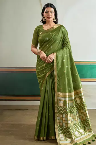 olive silk blend weaving handloom festival wear saree