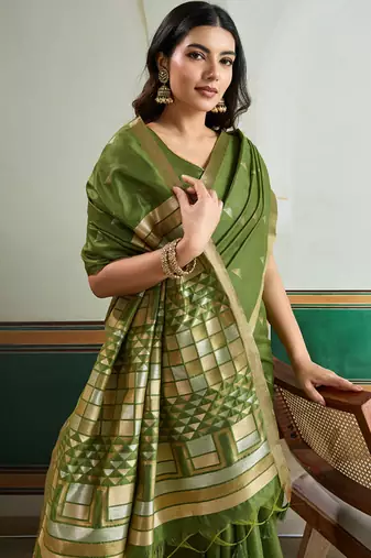 olive silk blend weaving handloom festival wear saree