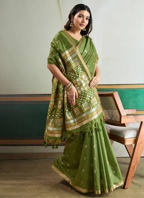 olive silk blend weaving handloom festival wear saree 4