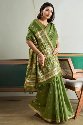 olive silk blend weaving handloom festival wear saree