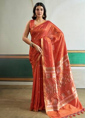 orange silk blend weaving handloom festival wear saree 1