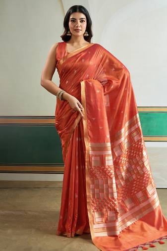 orange silk blend weaving handloom festival wear saree