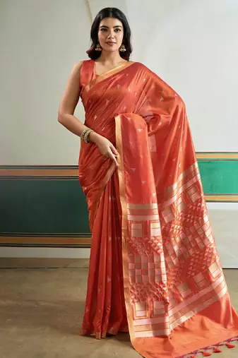 orange silk blend weaving handloom festival wear saree