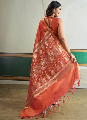 orange silk blend weaving handloom festival wear saree 2