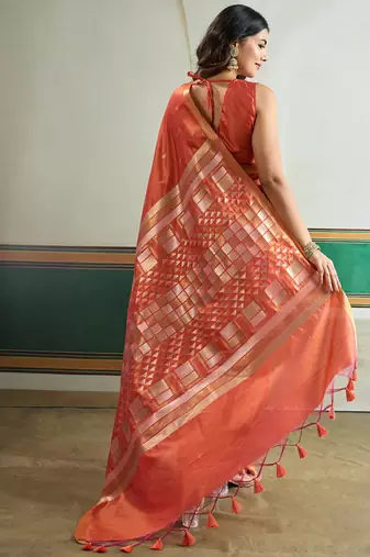 orange silk blend weaving handloom festival wear saree