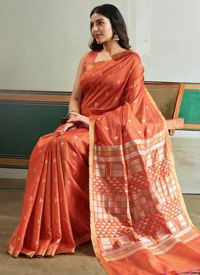 orange silk blend weaving handloom festival wear saree 3