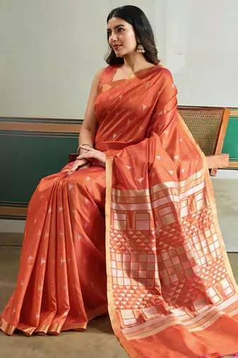 orange silk blend weaving handloom festival wear saree