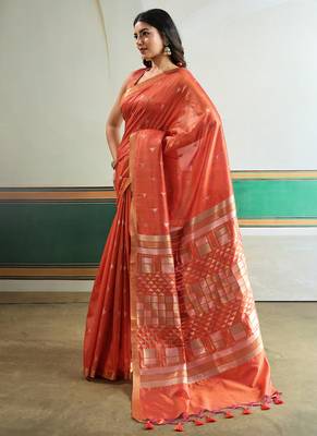 orange silk blend weaving handloom festival wear saree 5