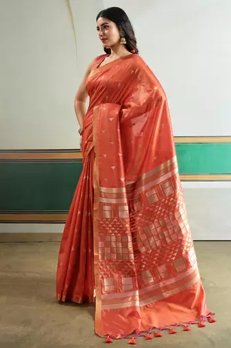 orange silk blend weaving handloom festival wear saree