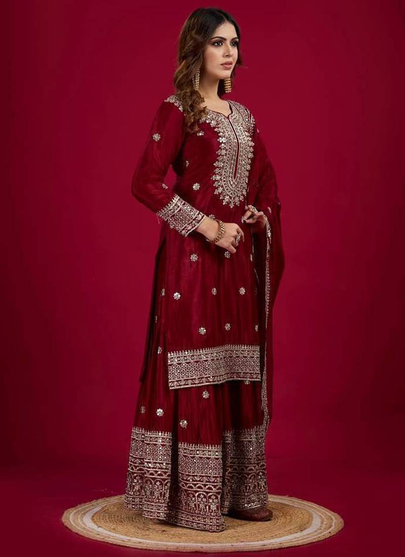 Maroon Color Heavy Sequins Work Chinon Fabric Wedding Wear Sharara Dress