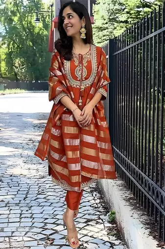 Orange Color Chanderi Fabric Beautiful Festive Wear Readyamde Kurta Set With Dupatta