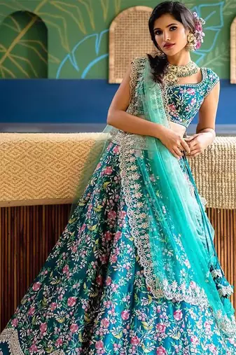 Turquoise Satin Embroidery Work Lehenga Choli With Dupatta