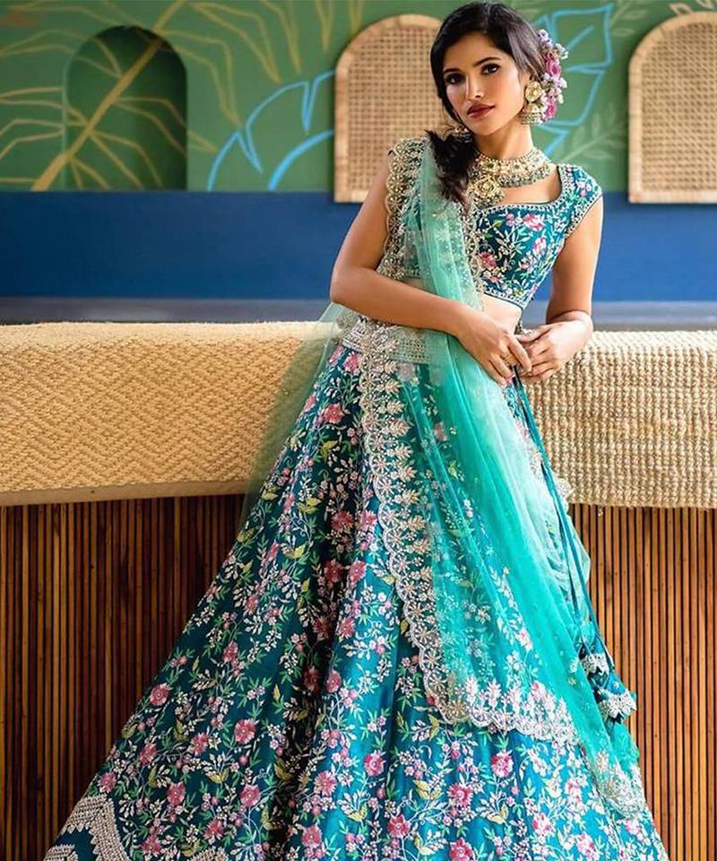 Turquoise Satin Embroidery Work Lehenga Choli With Dupatta