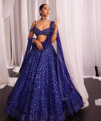 Navy Blue Color Jari Work And Sequins Work Net Lehenga Choli 1