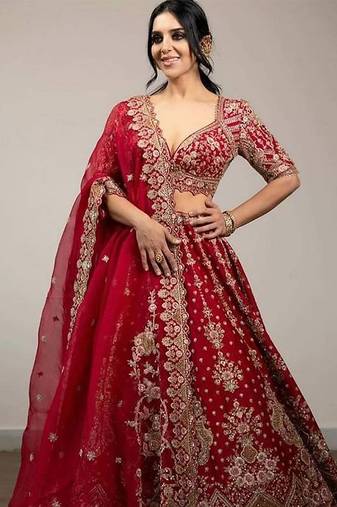 Red  Satin Embroidery Lehenga Choli