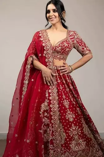 Red  Satin Embroidery Lehenga Choli
