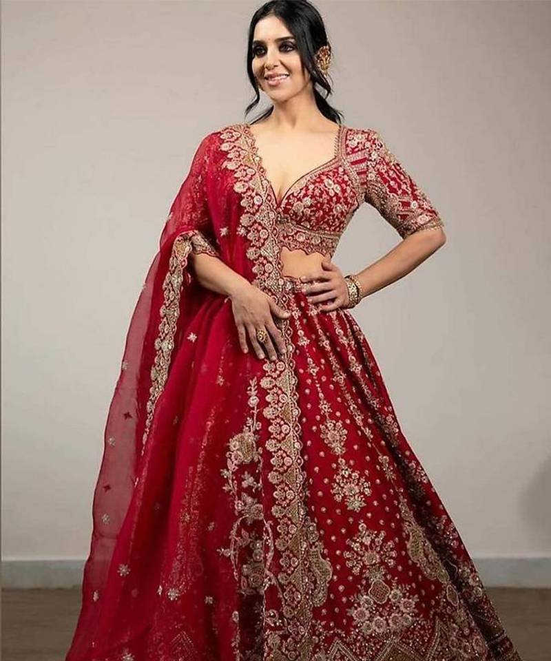 Red  Satin Embroidery Lehenga Choli