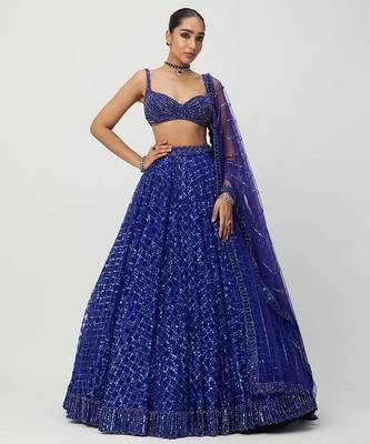 Navy Blue Color Jari Work And Sequins Work Net Lehenga Choli 4