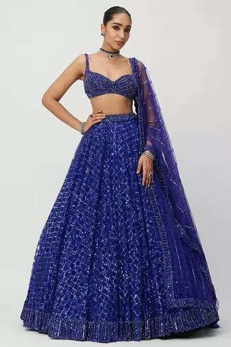 Navy Blue Color Jari Work And Sequins Work Net Lehenga Choli
