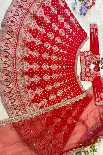 Red  Satin Embroidery Lehenga Choli