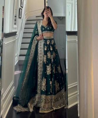 Dark Green Satin Lehenga Choli With Dupatta 1
