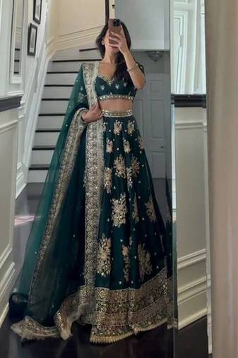 Dark Green Satin Lehenga Choli With Dupatta