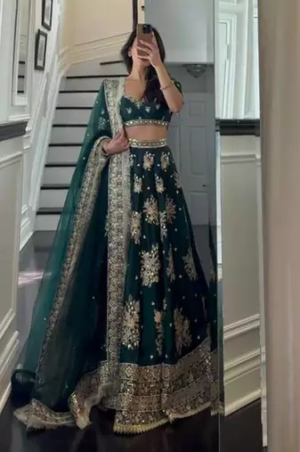 Dark Green Satin Lehenga Choli With Dupatta