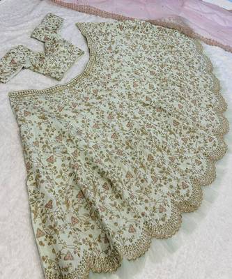 Pista green thread work silk lehenga set choli with dupatta 2