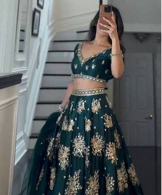 Dark Green Satin Lehenga Choli With Dupatta 2