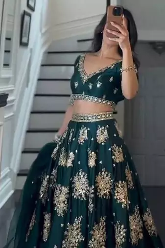 Dark Green Satin Lehenga Choli With Dupatta