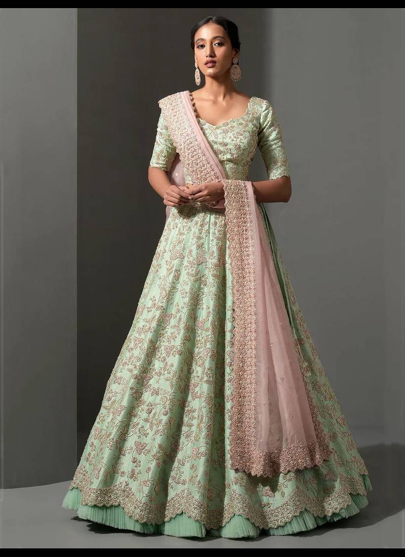 Pista green thread work silk lehenga set choli with dupatta