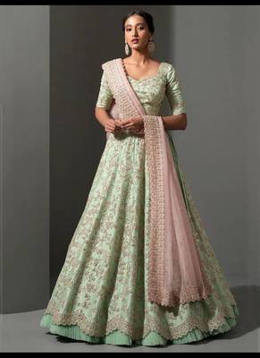 Pista green thread work silk lehenga set choli with dupatta 1