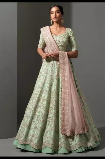 Pista green thread work silk lehenga set choli with dupatta