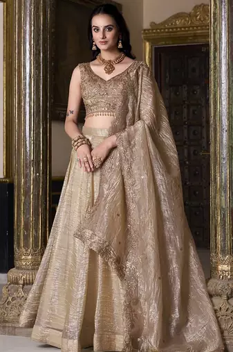 Beige Sequins And Thread Embroidered Wedding Lehenga