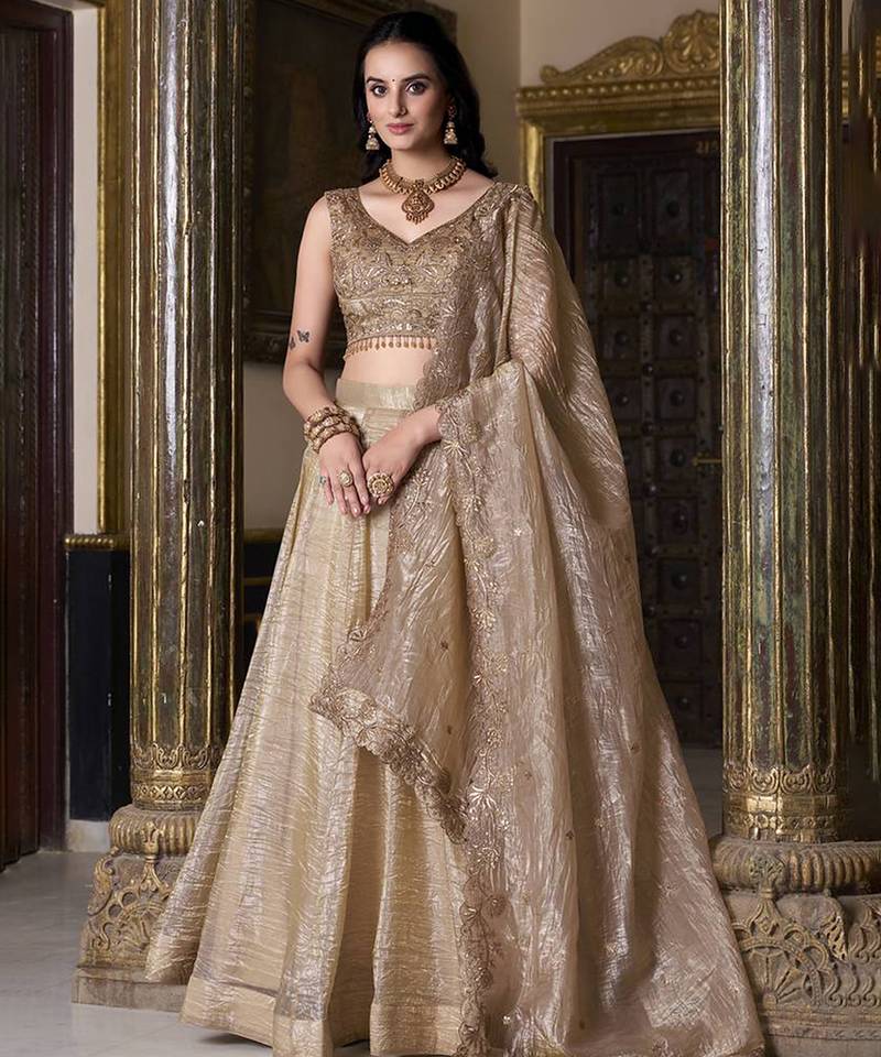 Beige Sequins And Thread Embroidered Wedding Lehenga