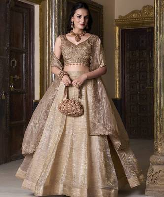 Beige Sequins And Thread Embroidered Wedding Lehenga 2