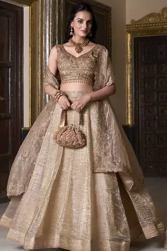 Beige Sequins And Thread Embroidered Wedding Lehenga
